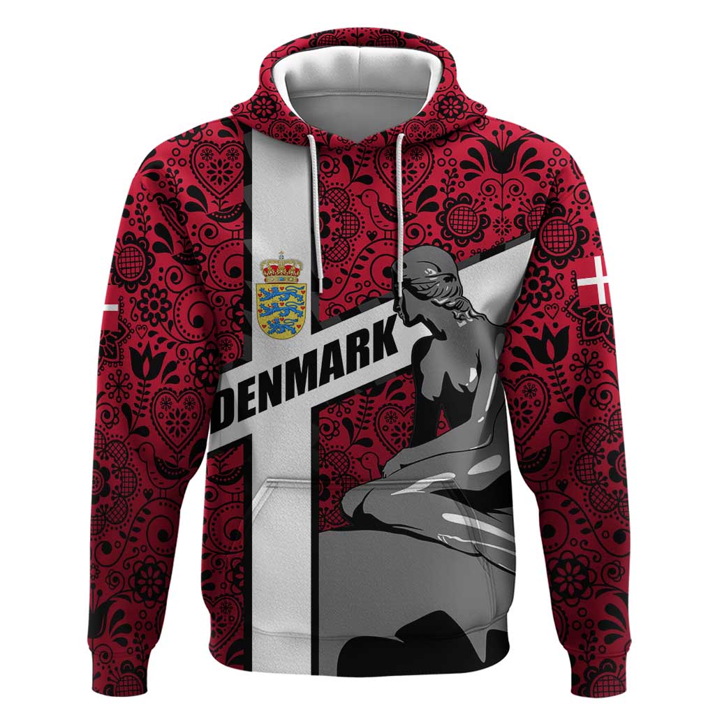 Denmark Hoodie with The Little Mermaid Statue, Danish Folk Patterns, National Heritage Pride TS04