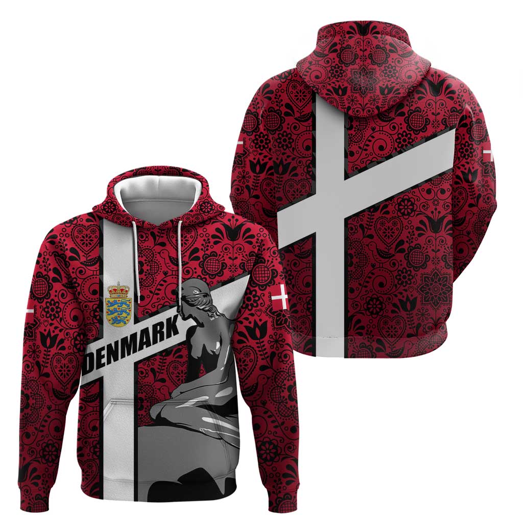 Denmark Hoodie with The Little Mermaid Statue, Danish Folk Patterns, National Heritage Pride TS04