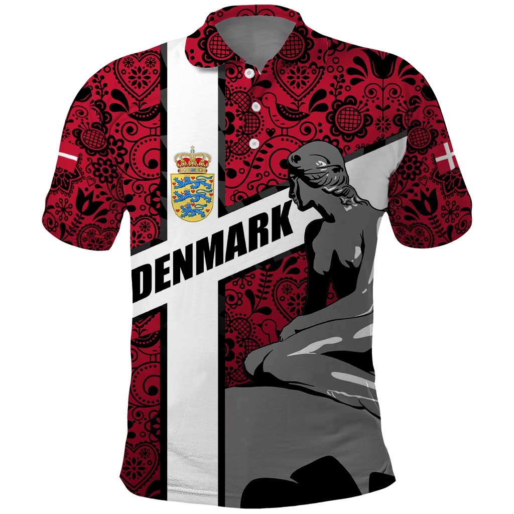 Denmark Polo Shirt with The Little Mermaid Statue, Danish Folk Patterns, National Heritage Pride TS04
