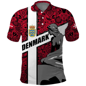 Denmark Polo Shirt with The Little Mermaid Statue, Danish Folk Patterns, National Heritage Pride TS04