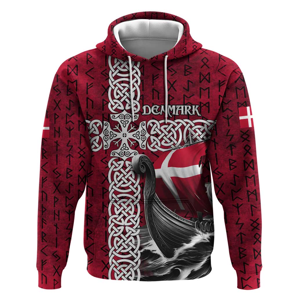 Denmark Viking Longship Hoodie Norse Rune & Celtic Cross Danish Flag TS04