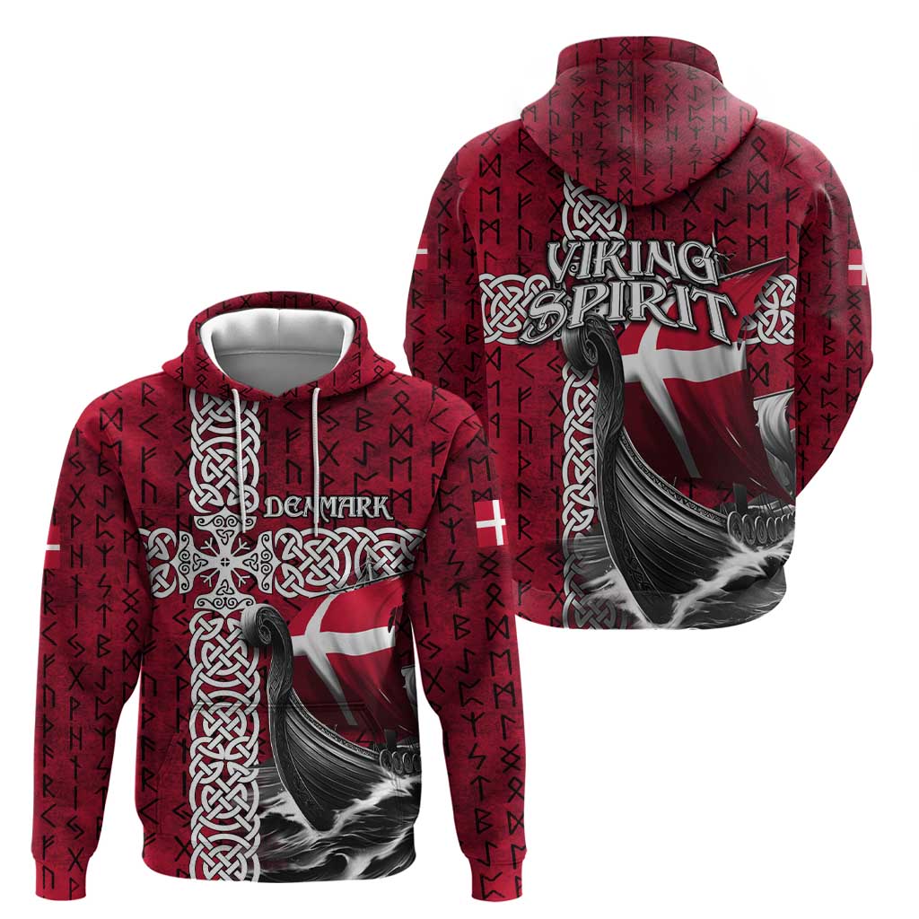 Denmark Viking Longship Hoodie Norse Rune & Celtic Cross Danish Flag TS04