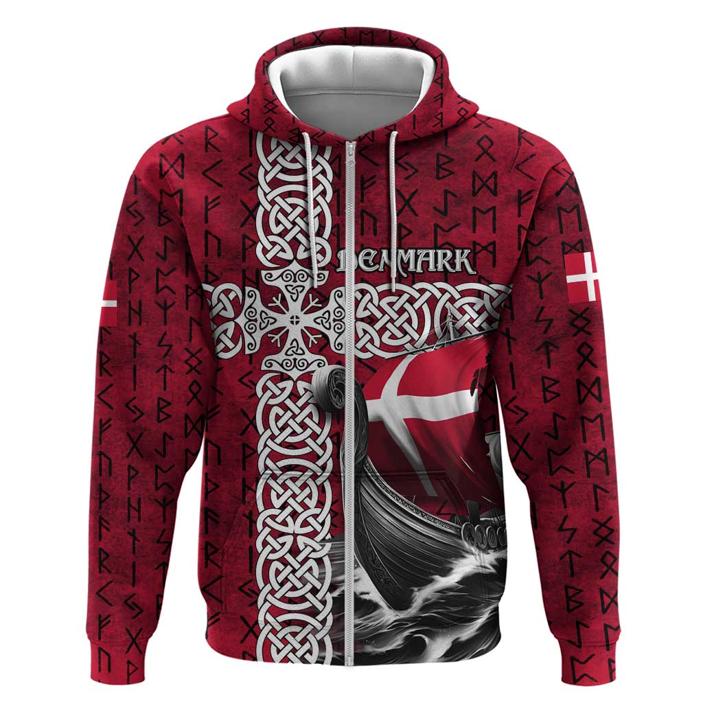 Denmark Viking Longship Hoodie Norse Rune & Celtic Cross Danish Flag TS04