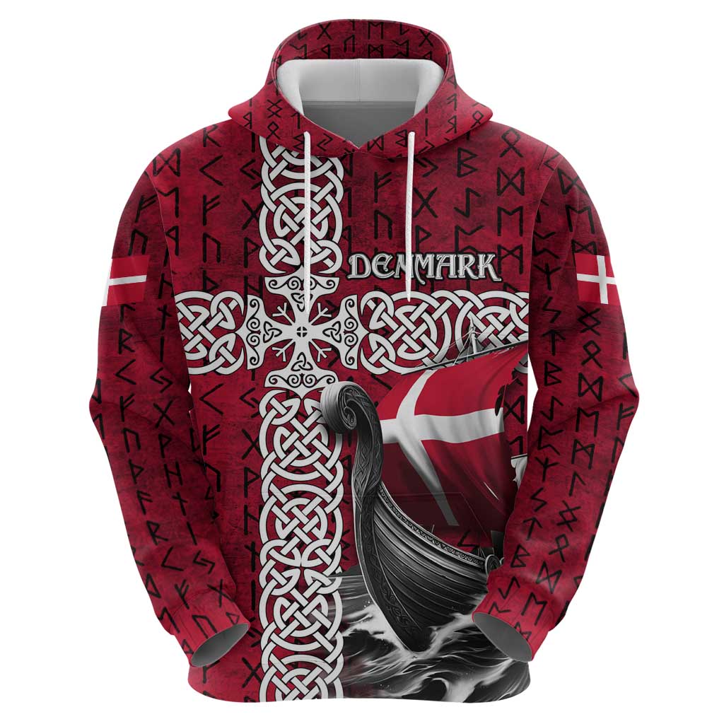 Denmark Viking Longship Hoodie Norse Rune & Celtic Cross Danish Flag TS04