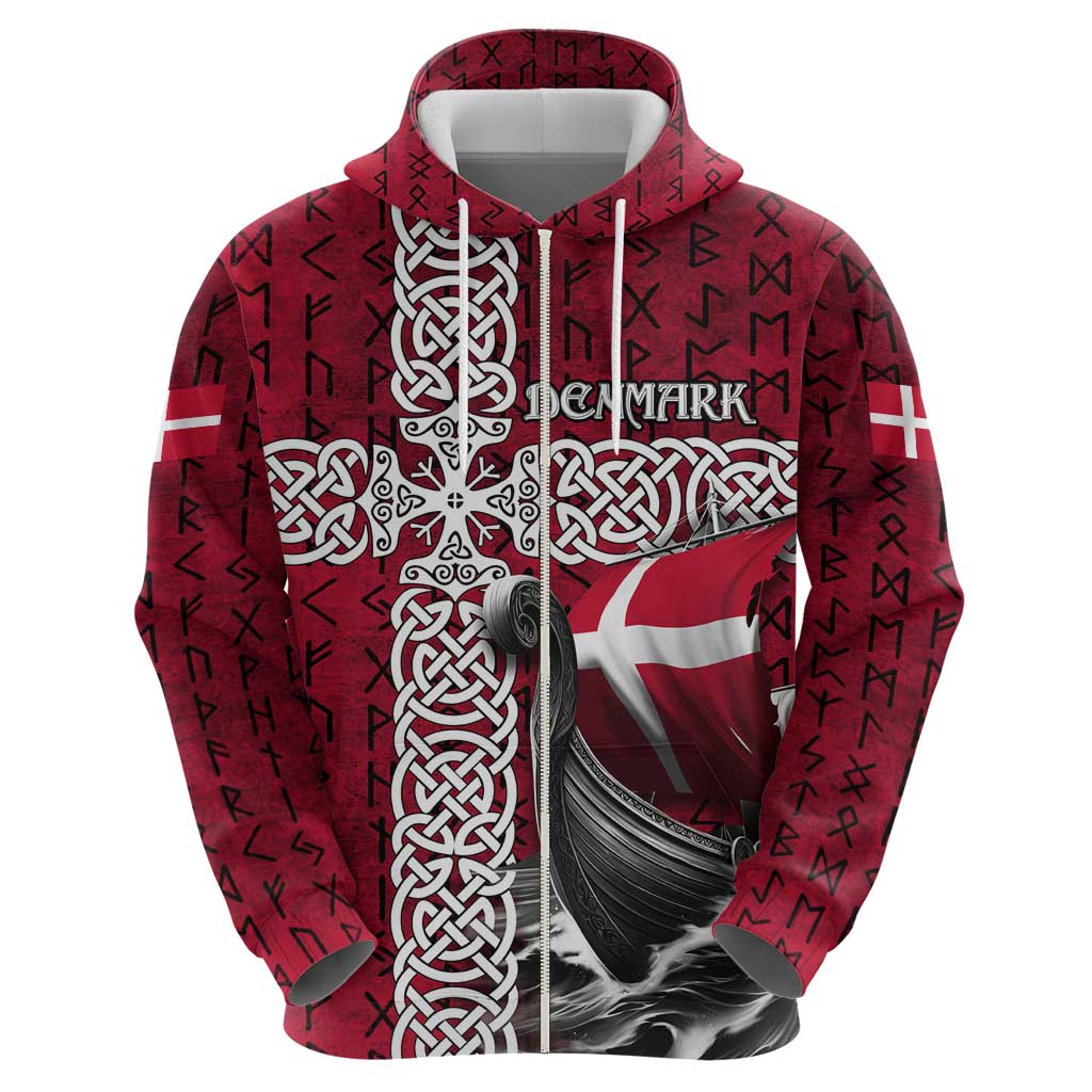Denmark Viking Longship Hoodie Norse Rune & Celtic Cross Danish Flag TS04