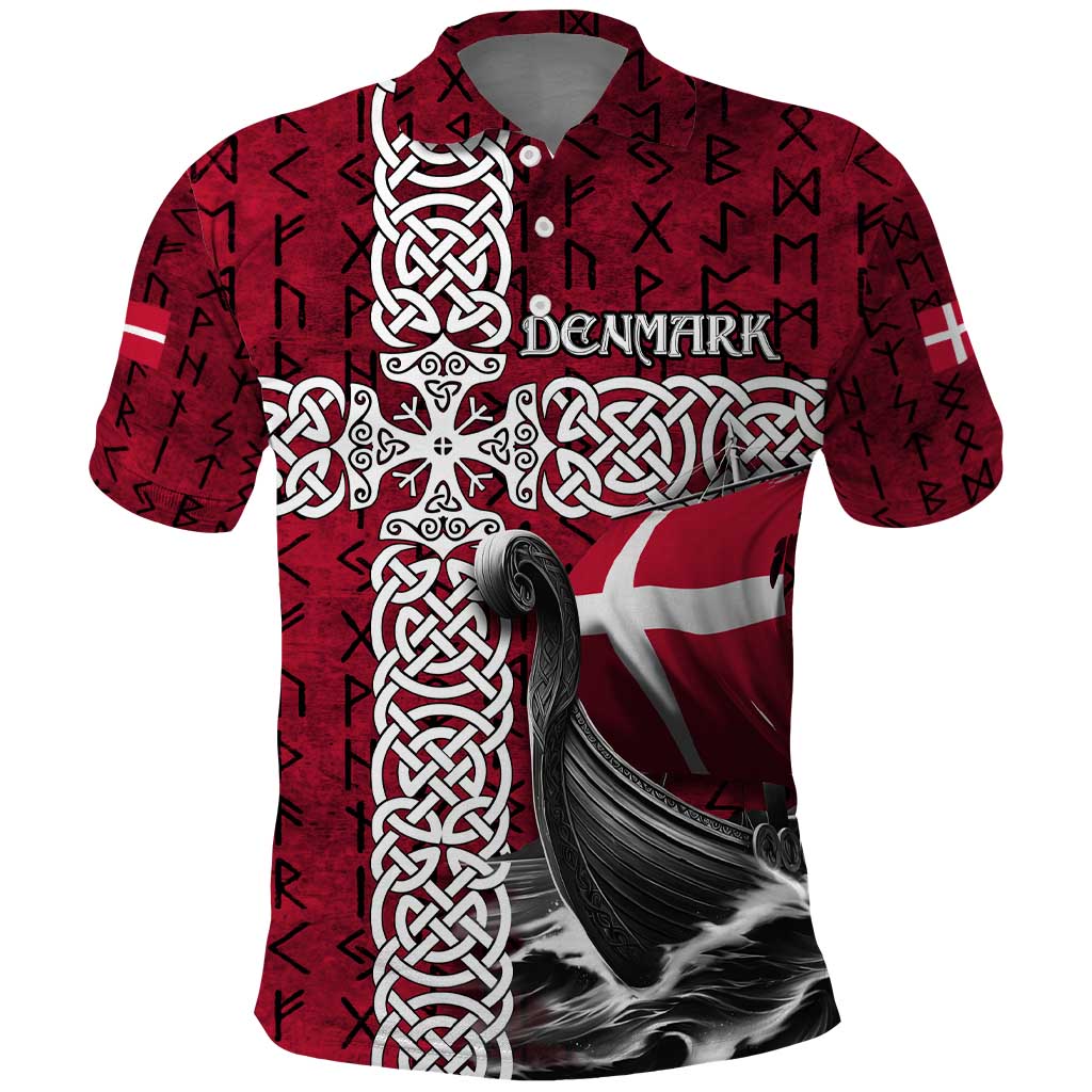 Denmark Viking Longship Polo Shirt Norse Rune & Celtic Cross Danish Flag TS04