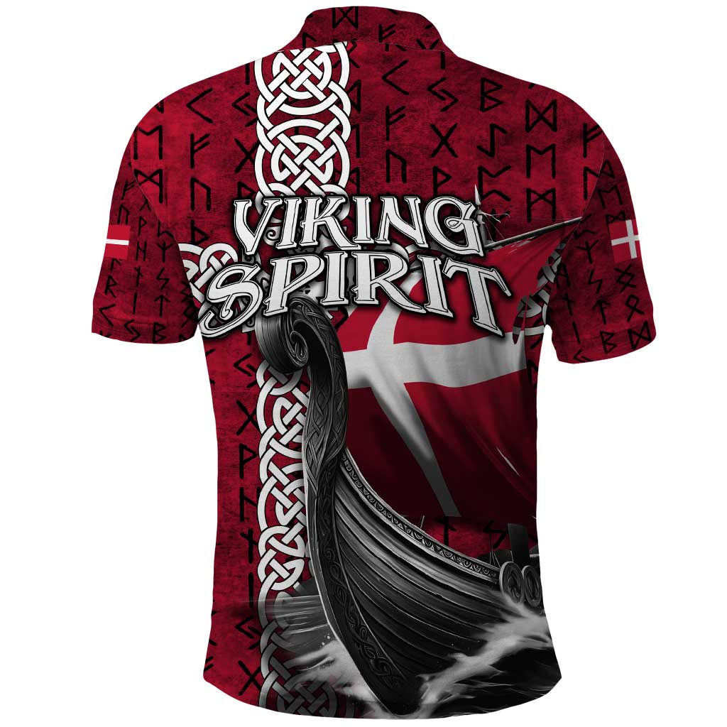 Denmark Viking Longship Polo Shirt Norse Rune & Celtic Cross Danish Flag TS04