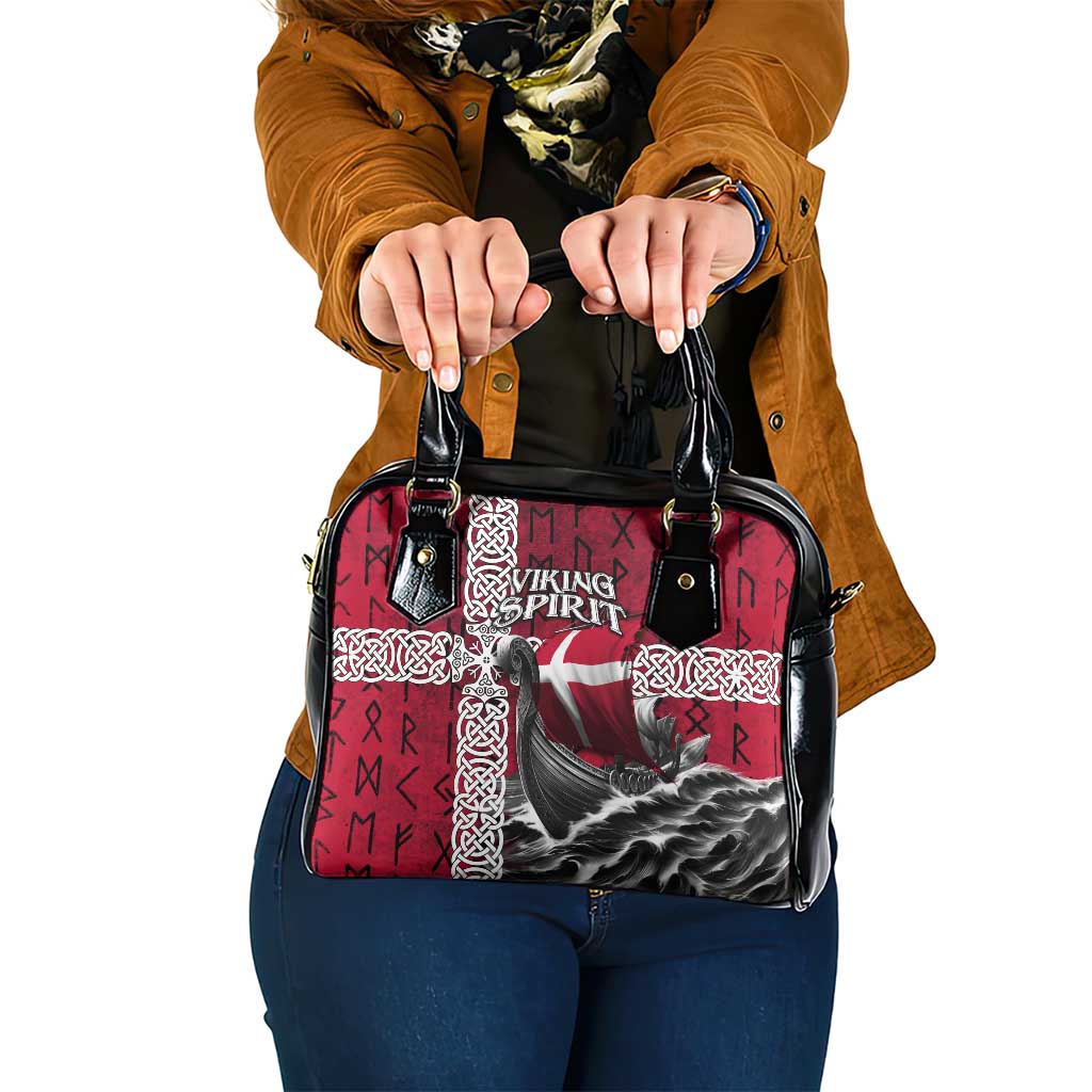 Denmark Viking Longship Shoulder Handbag Norse Rune & Celtic Cross Danish Flag TS04