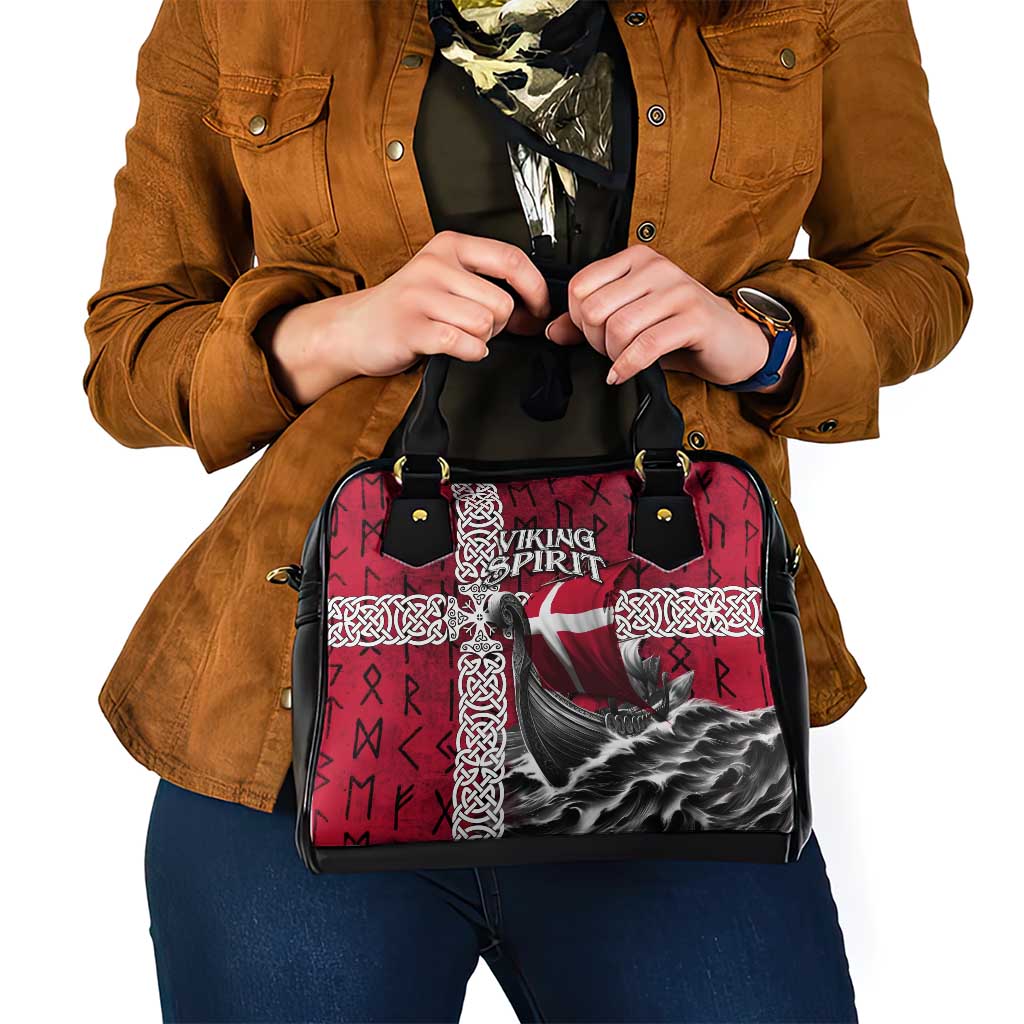 Denmark Viking Longship Shoulder Handbag Norse Rune & Celtic Cross Danish Flag TS04