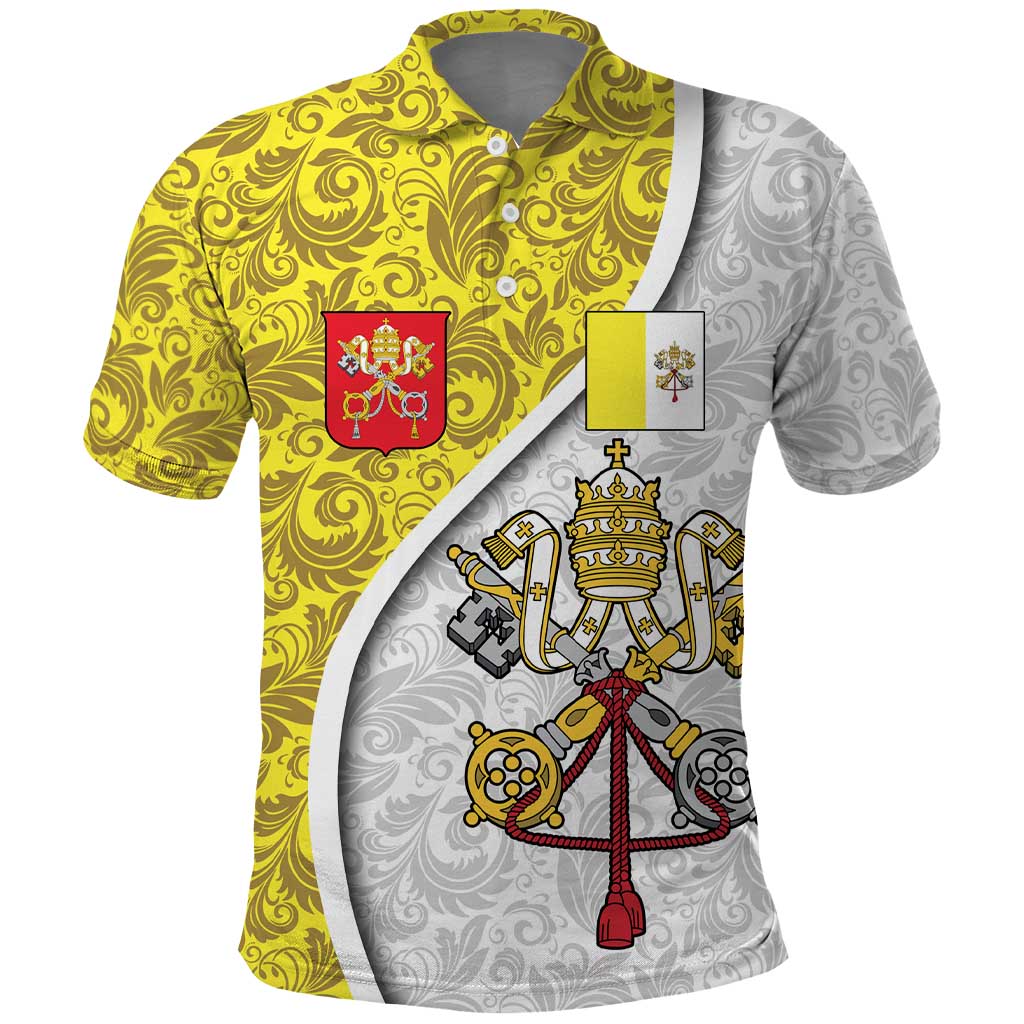 Vatican City Polo Shirt Papal Keys & Tiara Emblem with Gold Baroque Pattern TS04