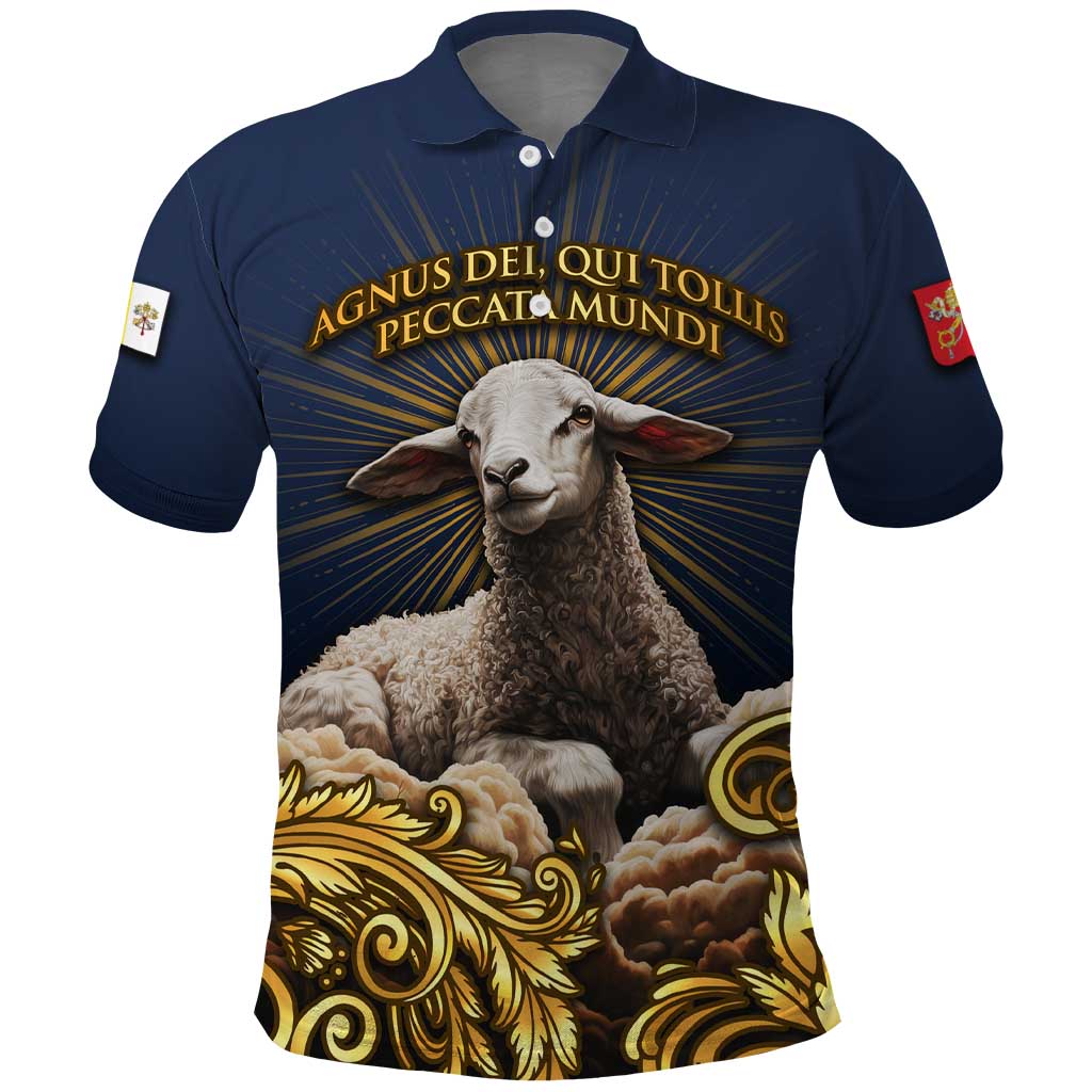 Agnus Dei Lamb of God Polo Shirt Latin Catholic Art with Gold Baroque Accents TS04