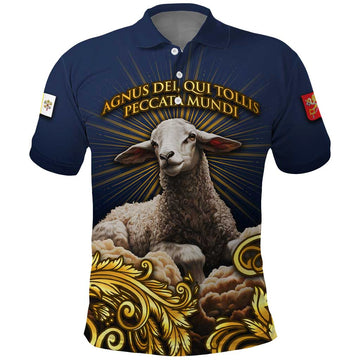 Agnus Dei Lamb of God Polo Shirt Latin Catholic Art with Gold Baroque Accents TS04