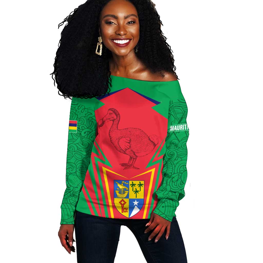 Mauritius Dodo Off Shoulder Sweater Flag Coat of Arms Traditional Patterns TS04