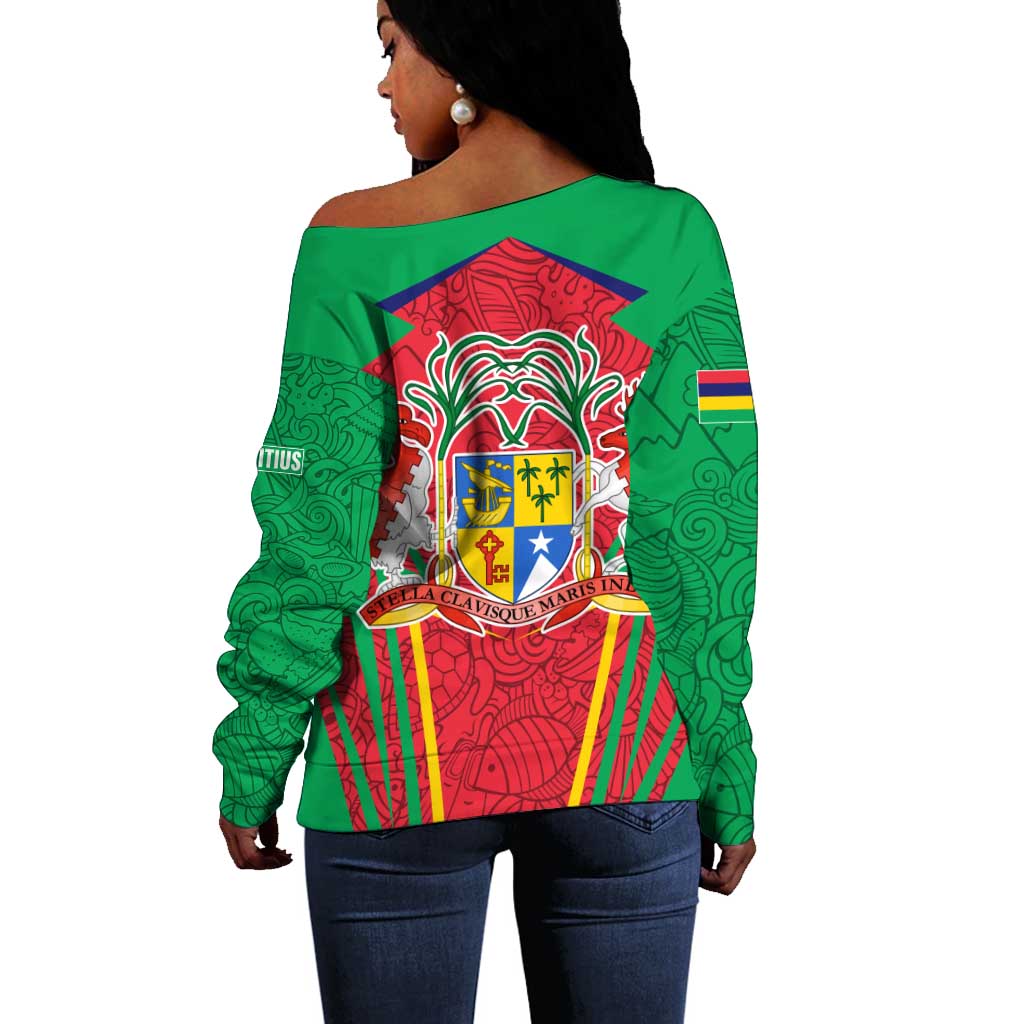 Mauritius Dodo Off Shoulder Sweater Flag Coat of Arms Traditional Patterns TS04