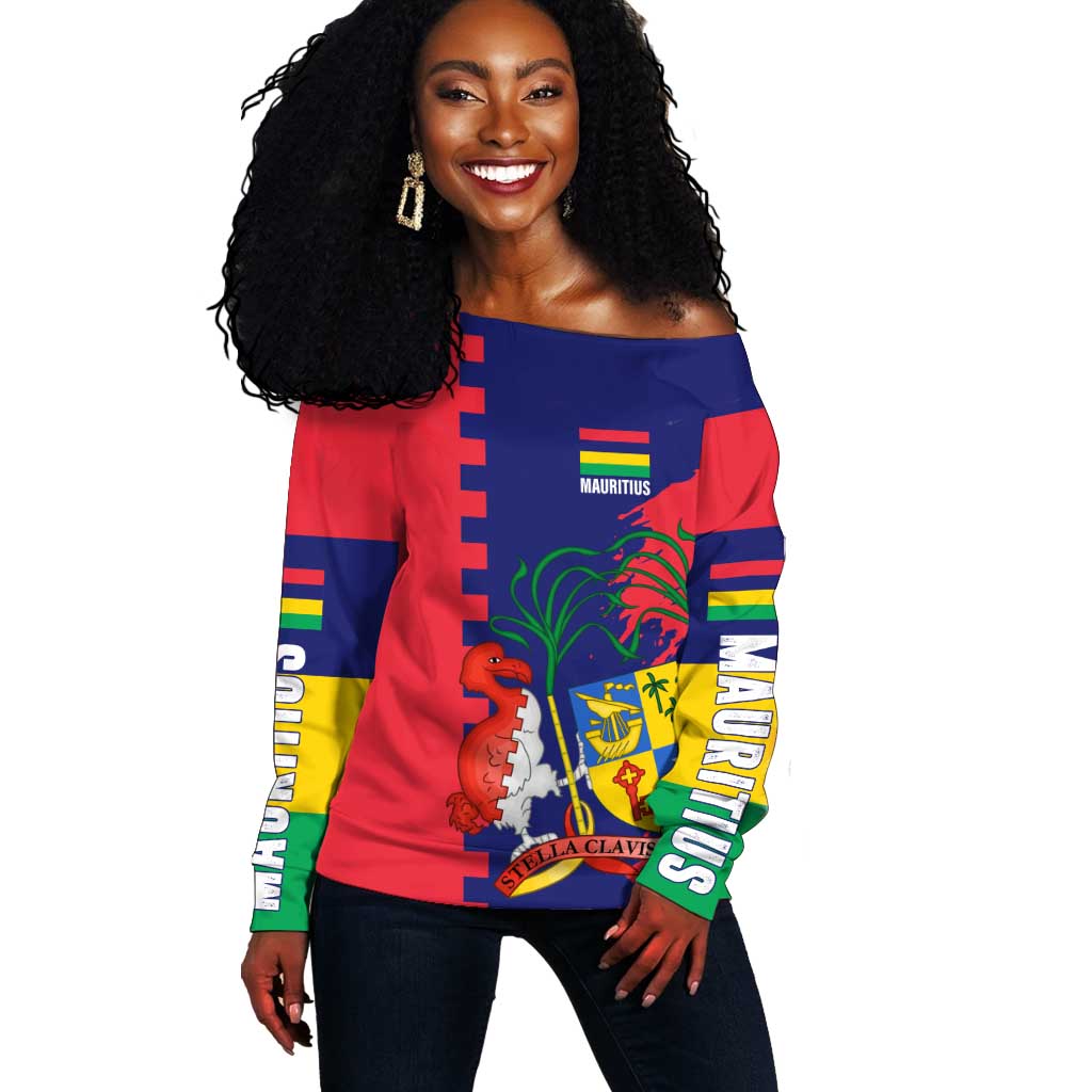 Afro Mauritius Off Shoulder Sweater Map Design with Flag Coat of Arms TS04
