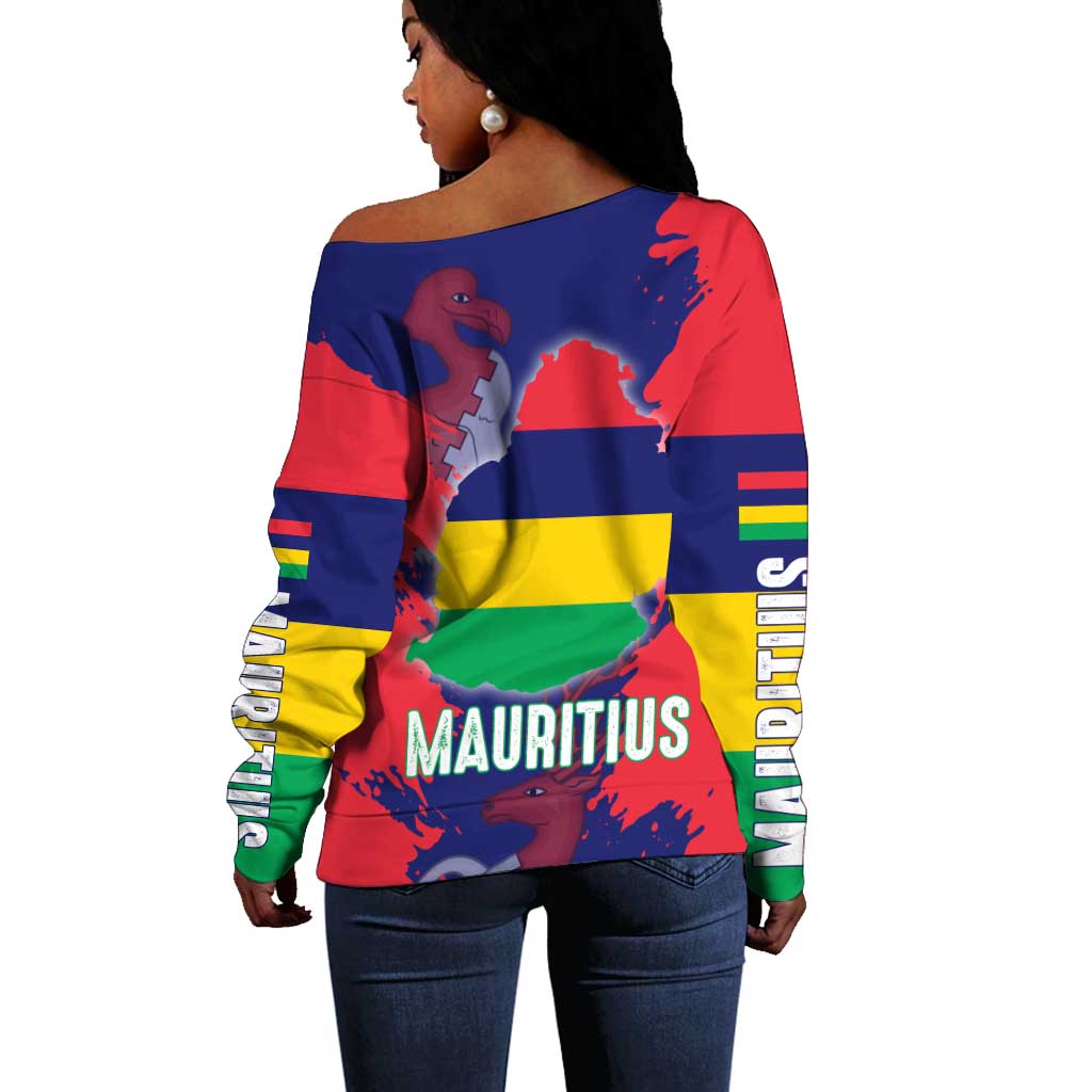 Afro Mauritius Off Shoulder Sweater Map Design with Flag Coat of Arms TS04