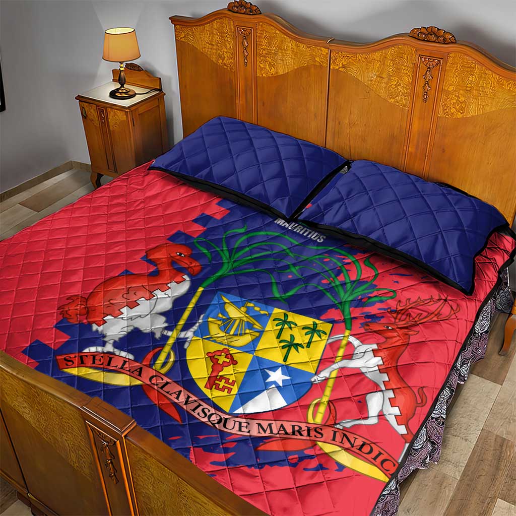 Afro Mauritius Quilt Bed Set Map Design with Flag Coat of Arms TS04