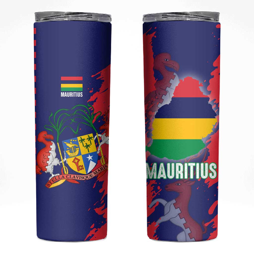 Afro Mauritius Skinny Tumbler Map Design with Flag Coat of Arms TS04