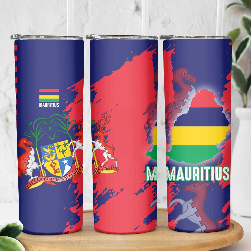 Afro Mauritius Skinny Tumbler Map Design with Flag Coat of Arms TS04