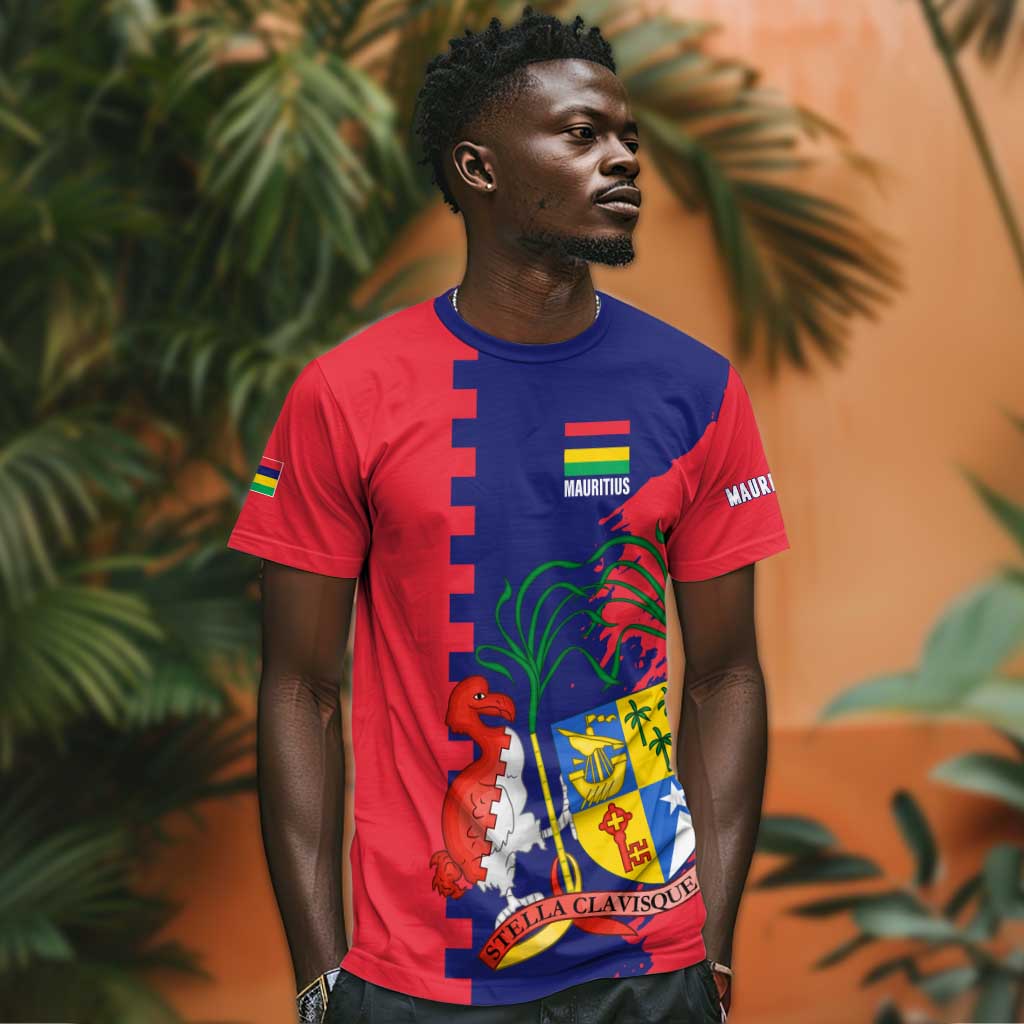 Afro Mauritius T shirt Map Design with Flag Coat of Arms TS04