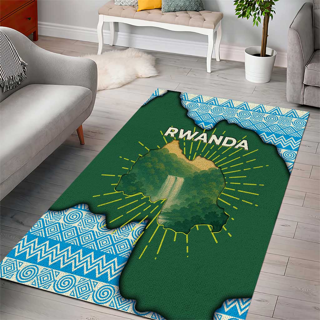 Rwanda Area Rug with Green Nature Map Waterfall Sunburst Spirit TS04