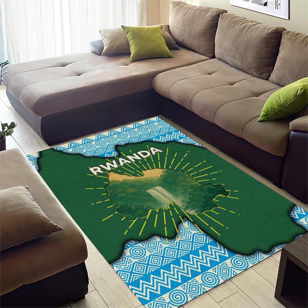 Rwanda Area Rug with Green Nature Map Waterfall Sunburst Spirit TS04