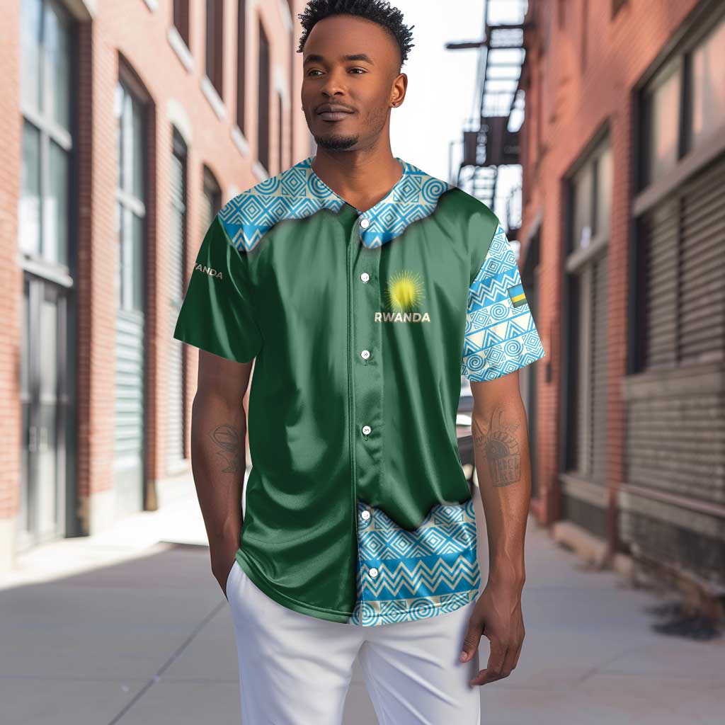 Rwanda Baseball Jersey with Green Nature Map Waterfall Sunburst Spirit TS04