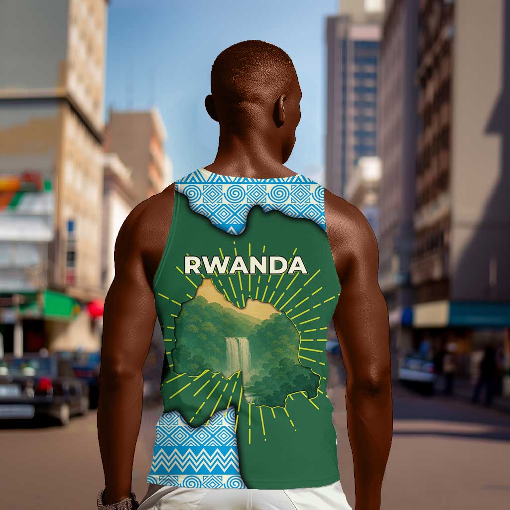Rwanda Men Tank Top with Green Nature Map Waterfall Sunburst Spirit TS04