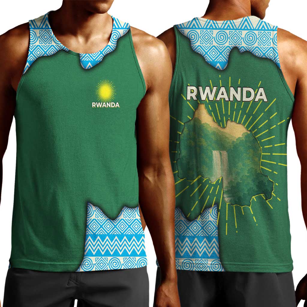 Rwanda Men Tank Top with Green Nature Map Waterfall Sunburst Spirit TS04