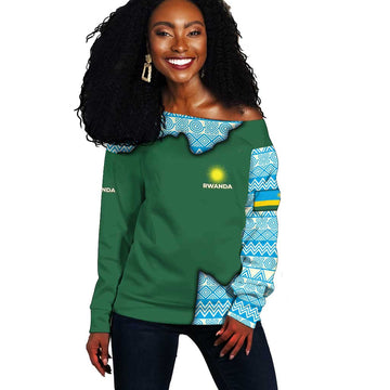 Rwanda Off Shoulder Sweater with Green Nature Map Waterfall Sunburst Spirit TS04