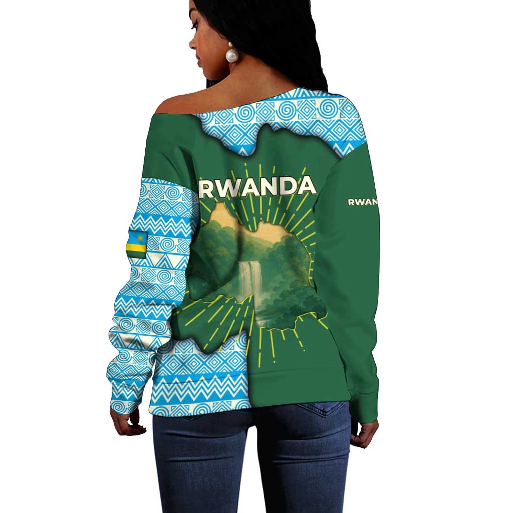 Rwanda Off Shoulder Sweater with Green Nature Map Waterfall Sunburst Spirit TS04
