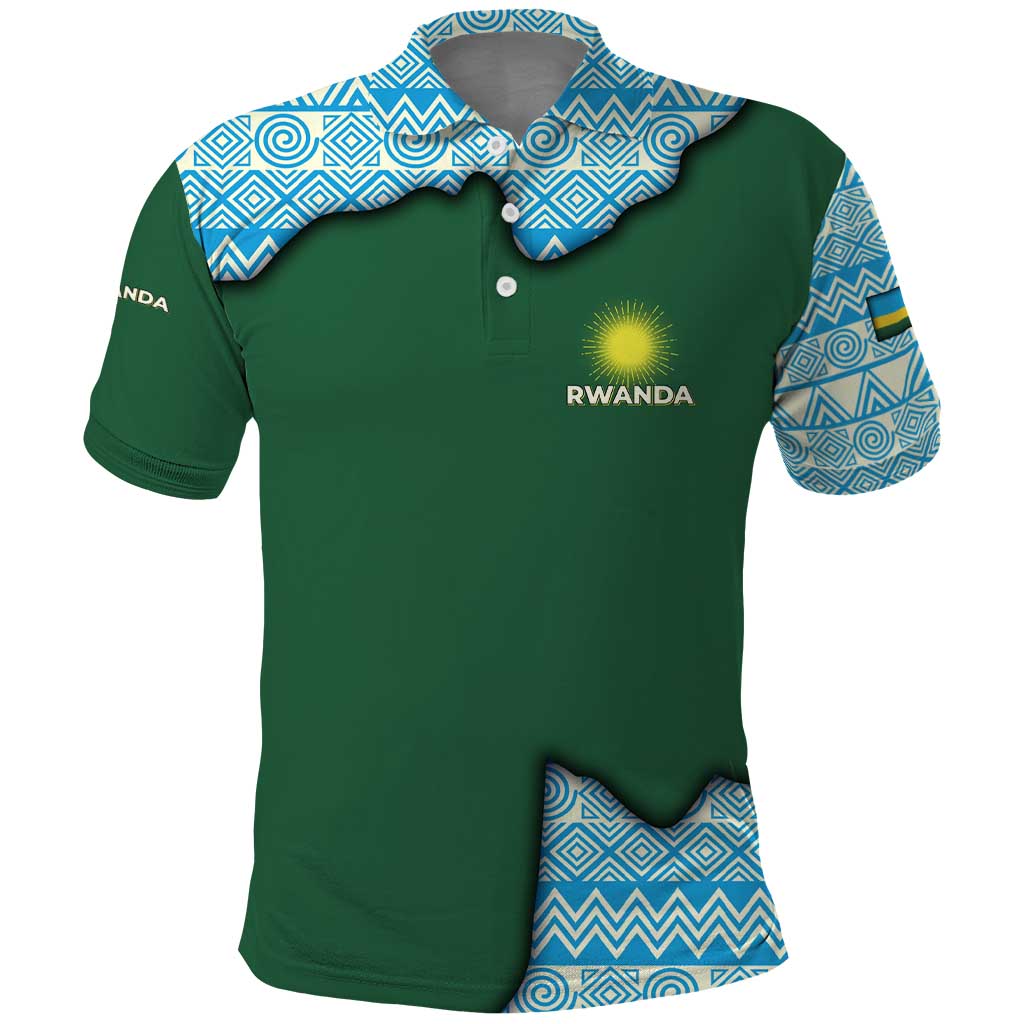 Rwanda Polo Shirt with Green Nature Map Waterfall Sunburst Spirit TS04