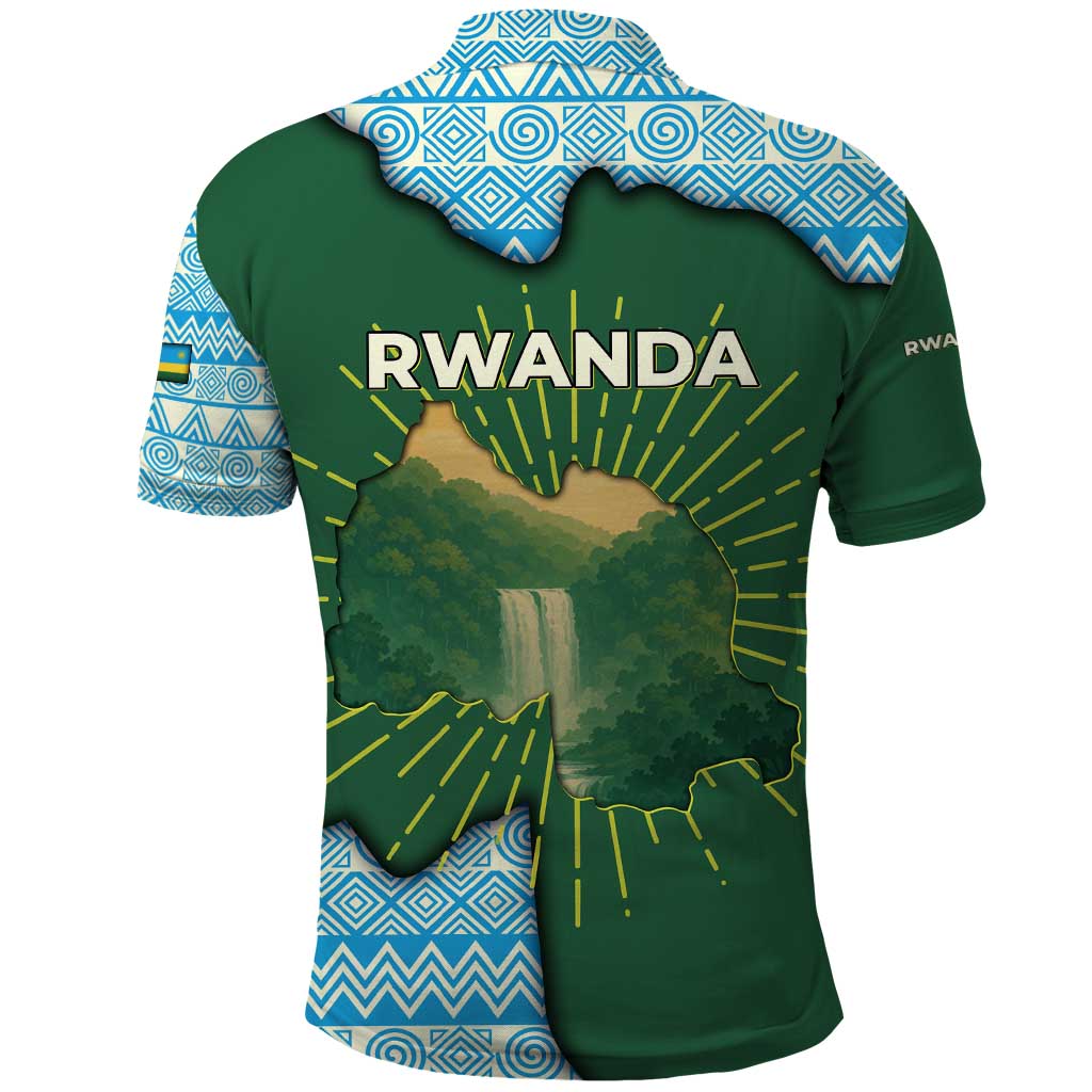 Rwanda Polo Shirt with Green Nature Map Waterfall Sunburst Spirit TS04