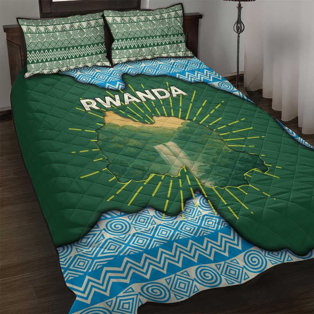 Rwanda Quilt Bed Set with Green Nature Map Waterfall Sunburst Spirit TS04