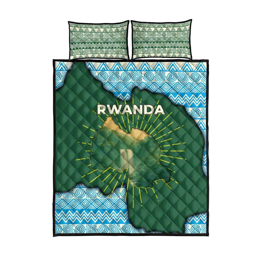 Rwanda Quilt Bed Set with Green Nature Map Waterfall Sunburst Spirit TS04