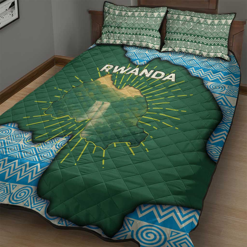 Rwanda Quilt Bed Set with Green Nature Map Waterfall Sunburst Spirit TS04