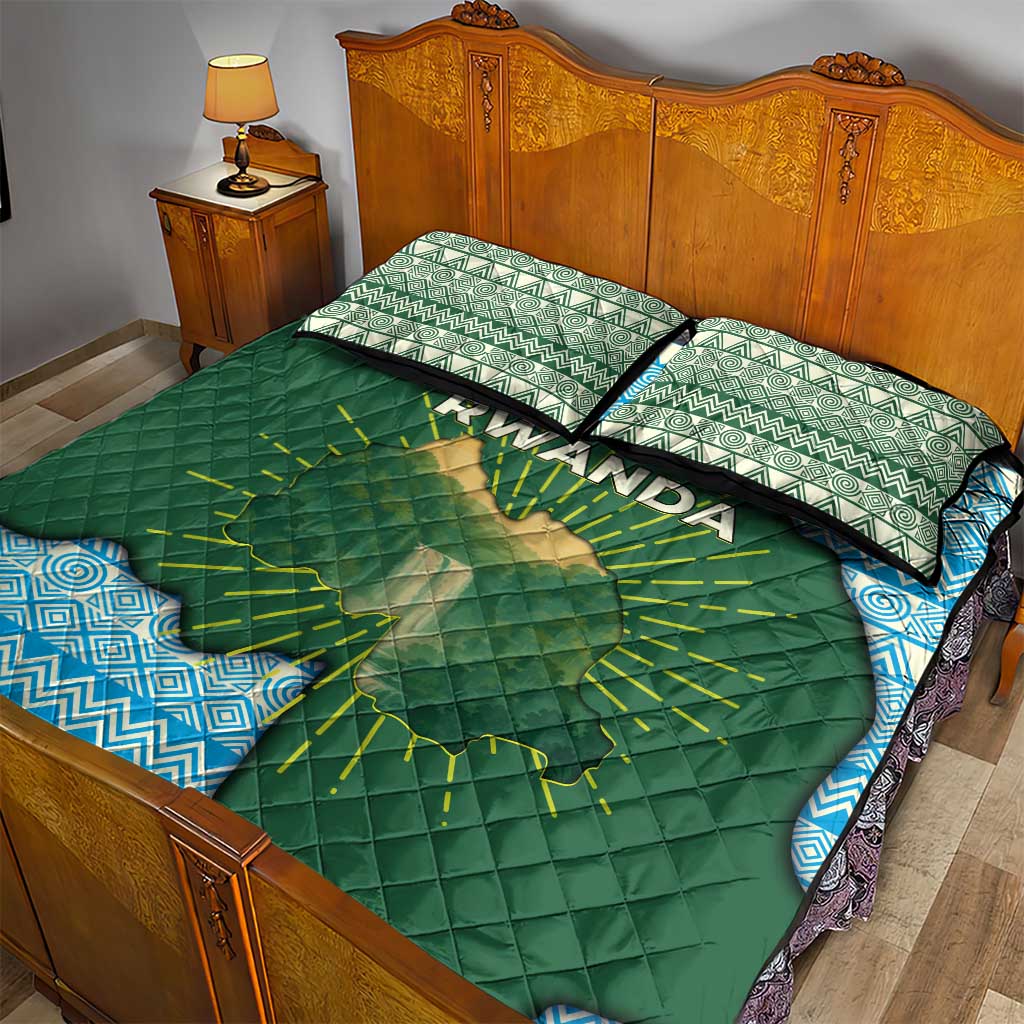 Rwanda Quilt Bed Set with Green Nature Map Waterfall Sunburst Spirit TS04