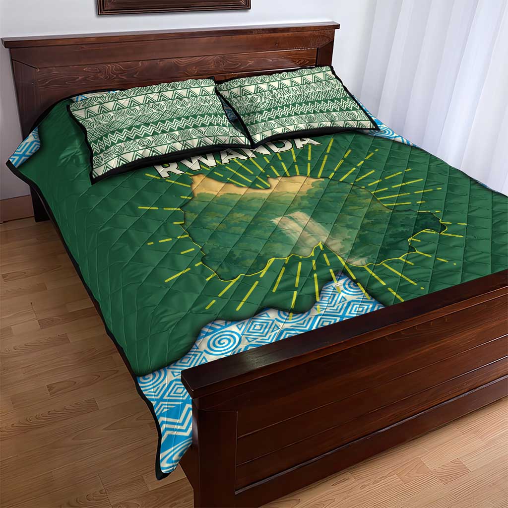 Rwanda Quilt Bed Set with Green Nature Map Waterfall Sunburst Spirit TS04