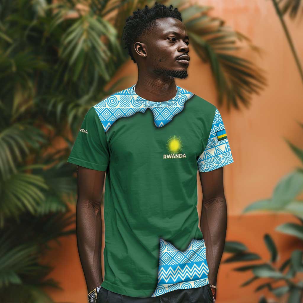 Rwanda T shirt with Green Nature Map Waterfall Sunburst Spirit TS04