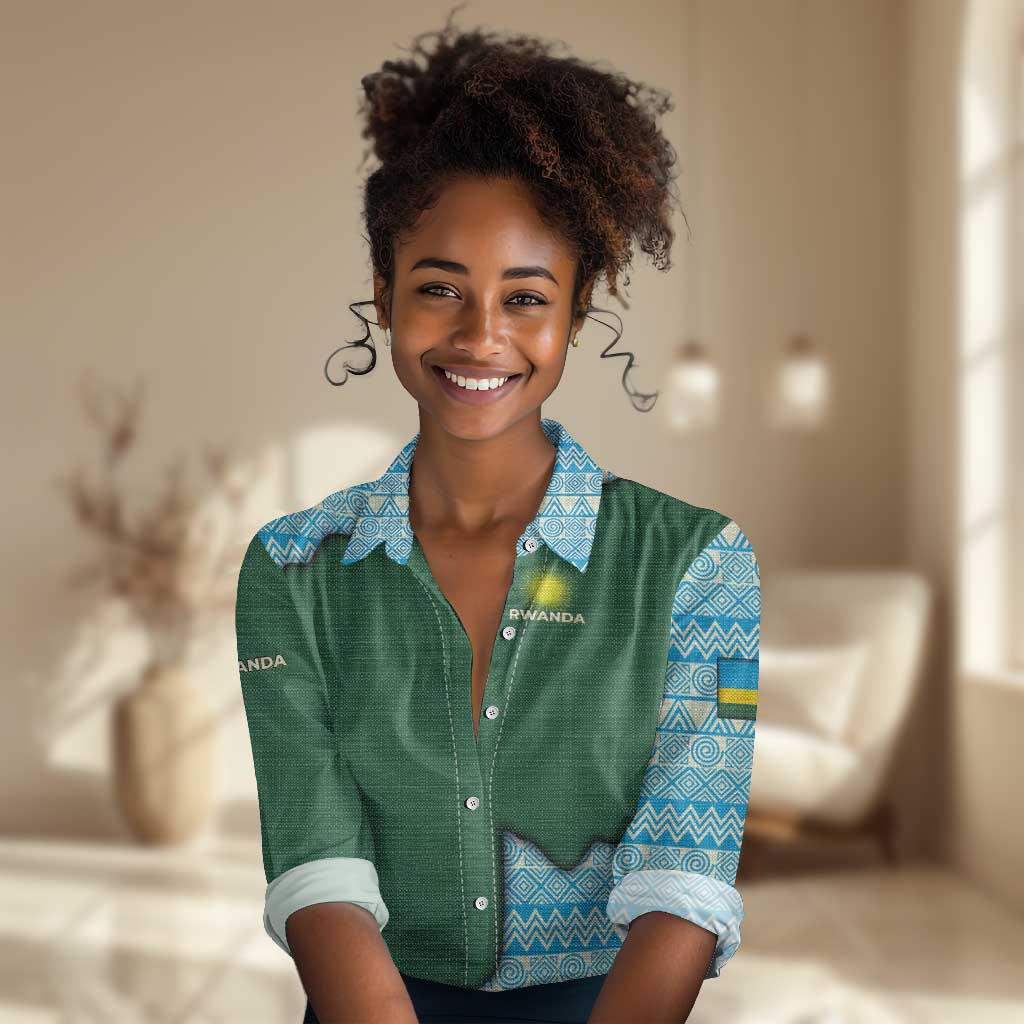 Rwanda Women Casual Shirt with Green Nature Map Waterfall Sunburst Spirit TS04