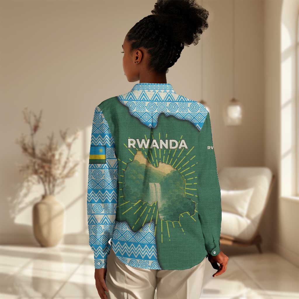 Rwanda Women Casual Shirt with Green Nature Map Waterfall Sunburst Spirit TS04
