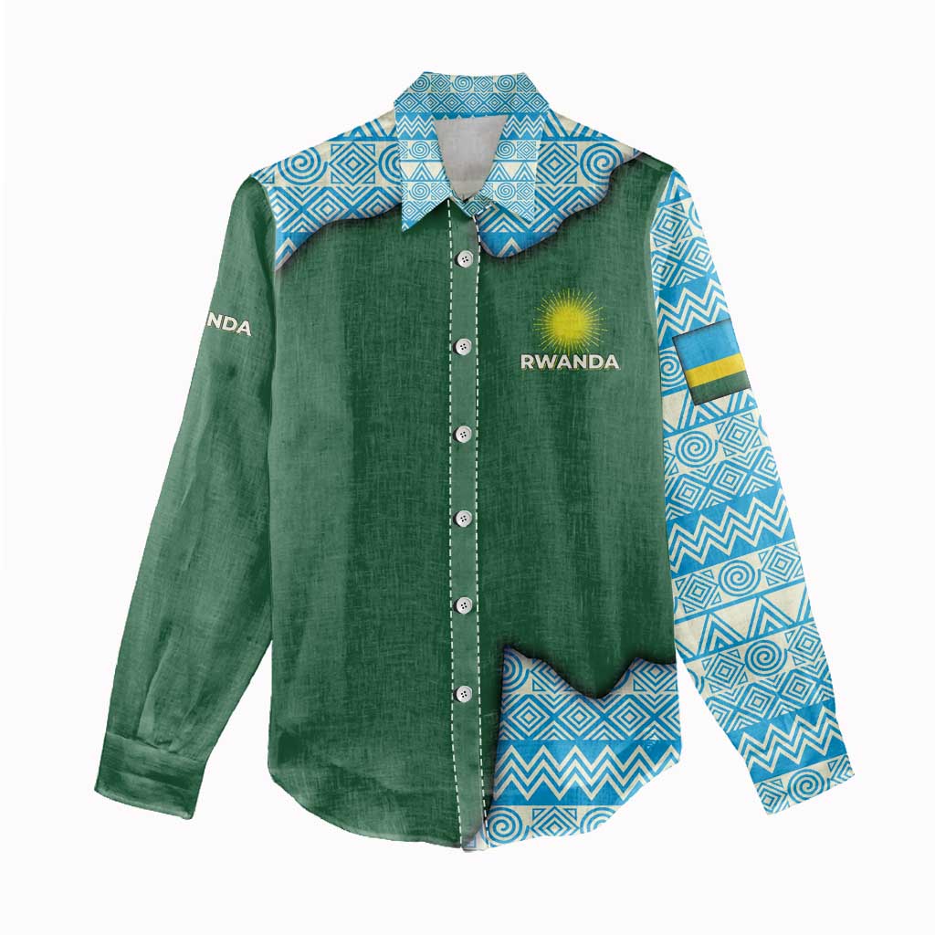 Rwanda Women Casual Shirt with Green Nature Map Waterfall Sunburst Spirit TS04