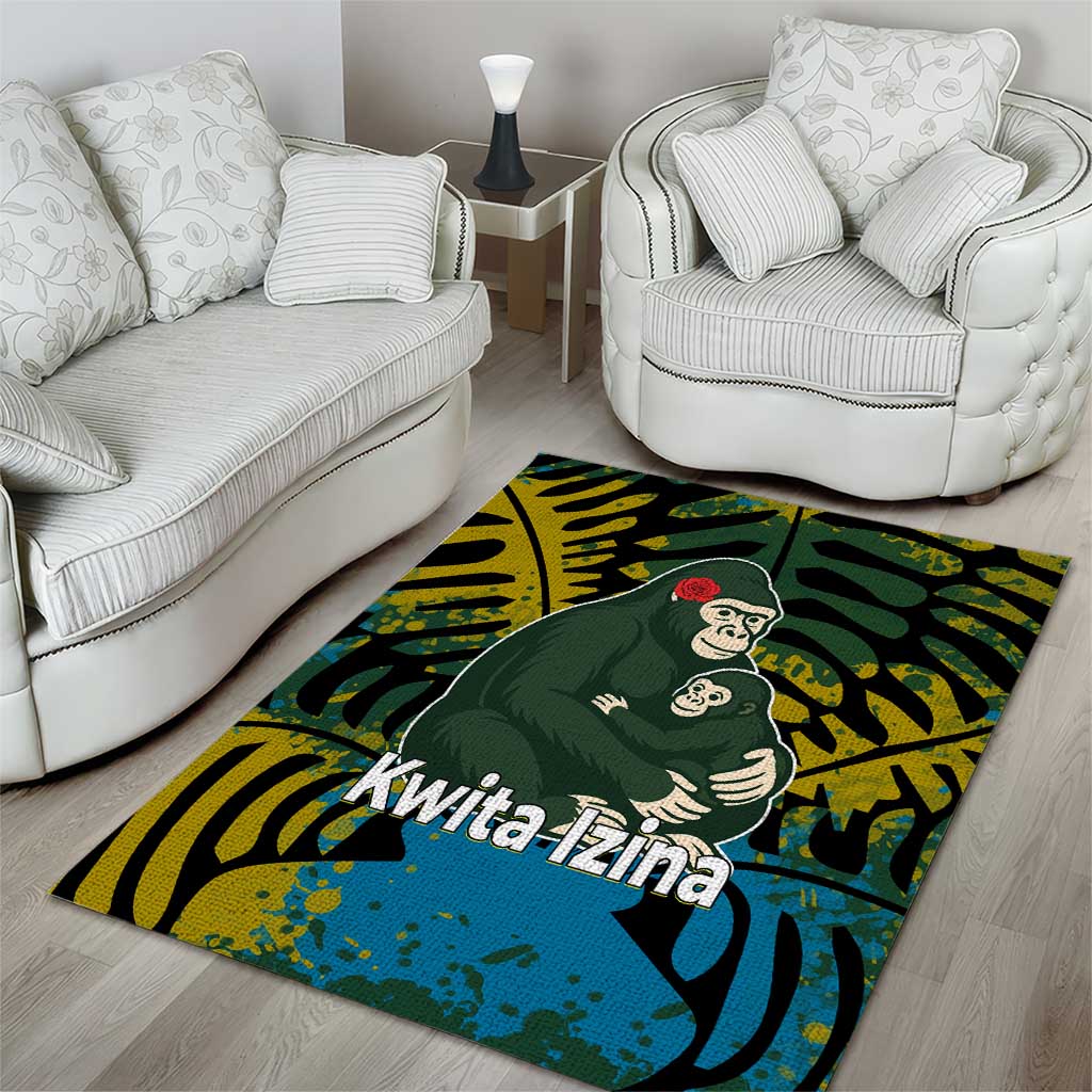 Rwanda Area Rug with Gorilla Family Kwita Izina Leaf Jungle Spirit TS04