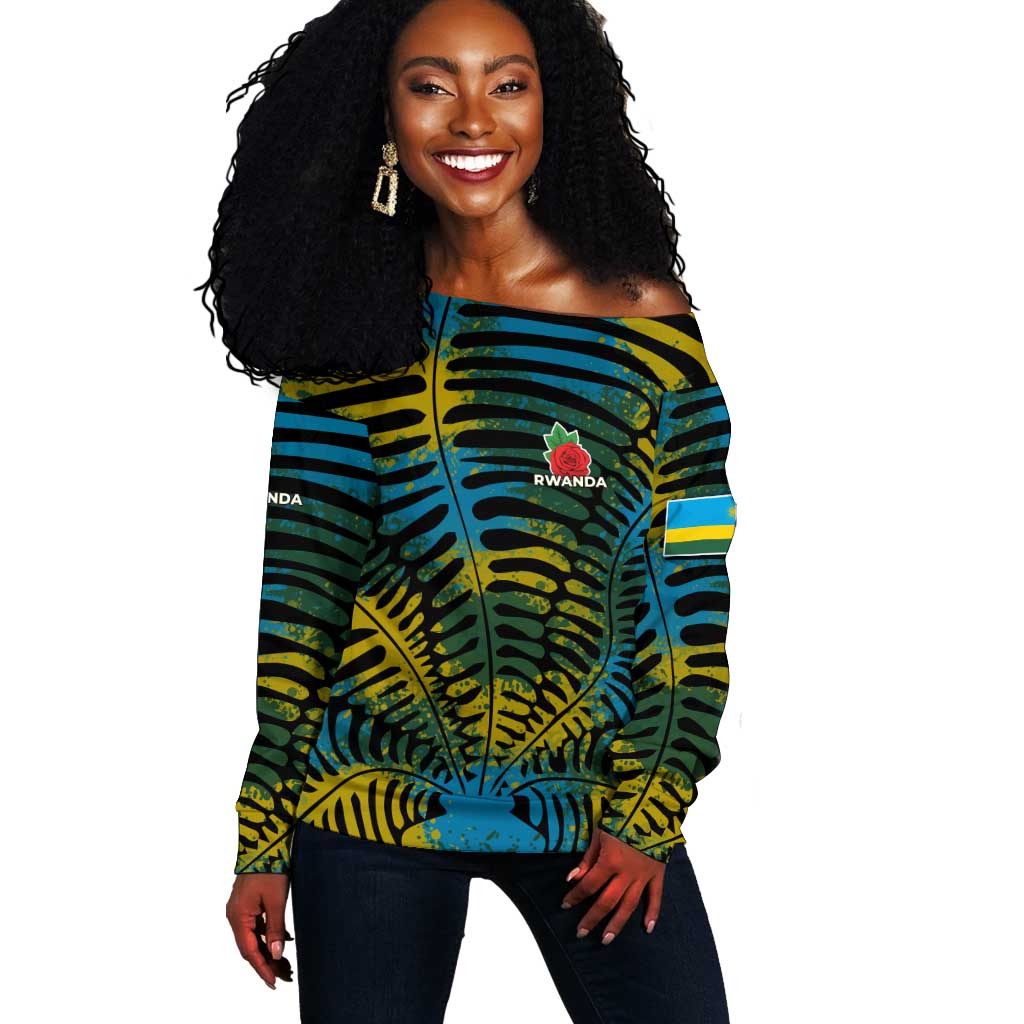 Rwanda Off Shoulder Sweater with Gorilla Family Kwita Izina Leaf Jungle Spirit TS04