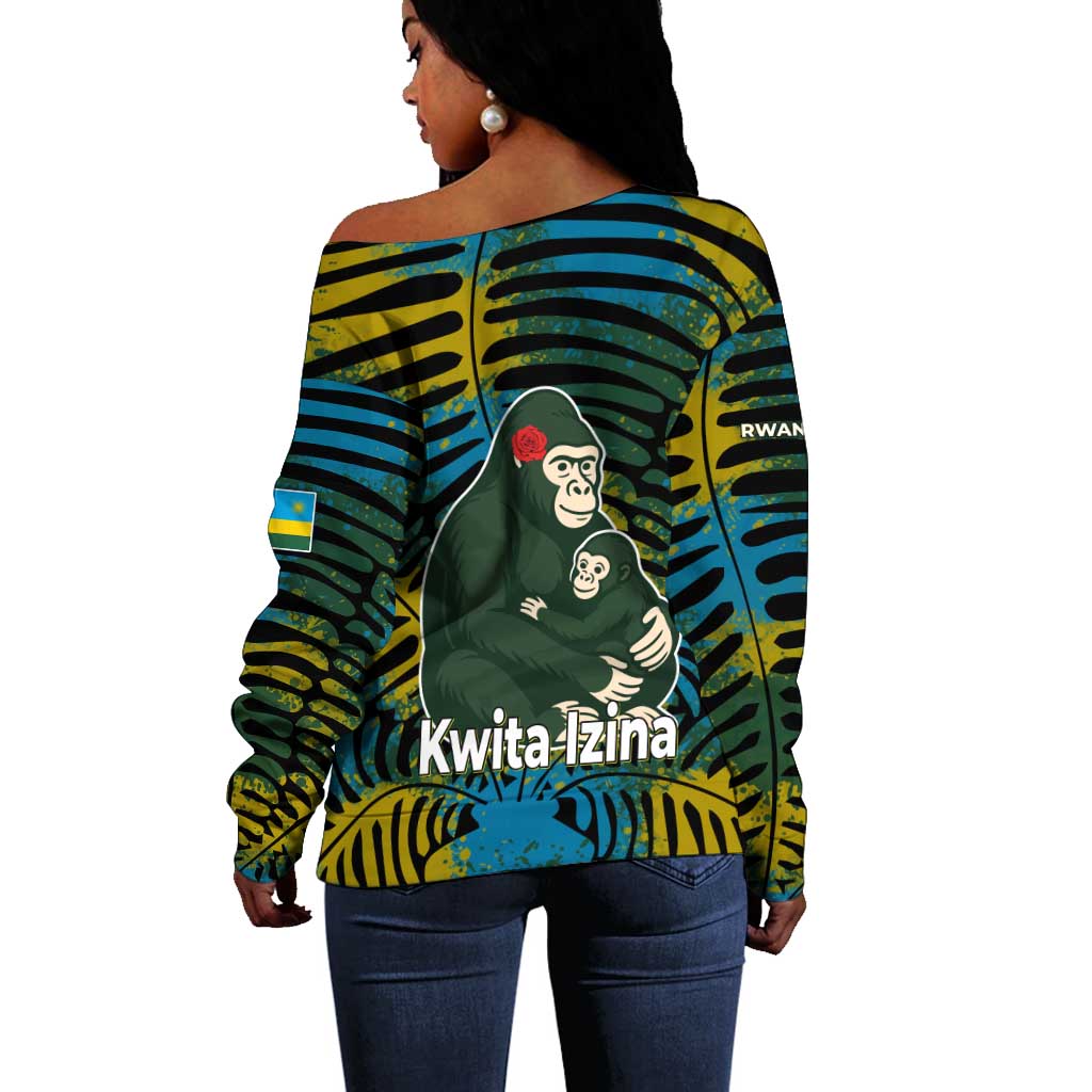 Rwanda Off Shoulder Sweater with Gorilla Family Kwita Izina Leaf Jungle Spirit TS04