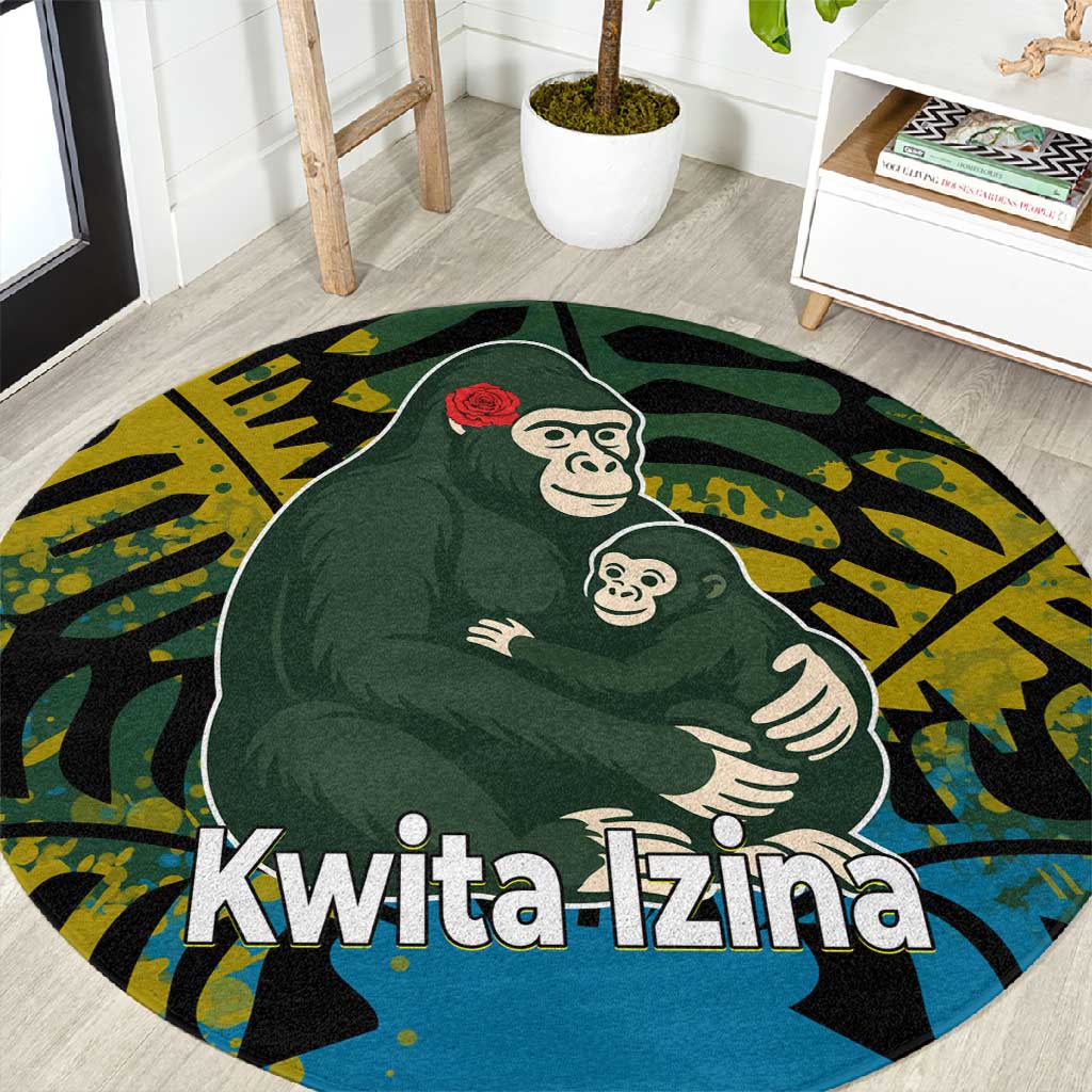 Rwanda Round Carpet with Gorilla Family Kwita Izina Leaf Jungle Spirit TS04