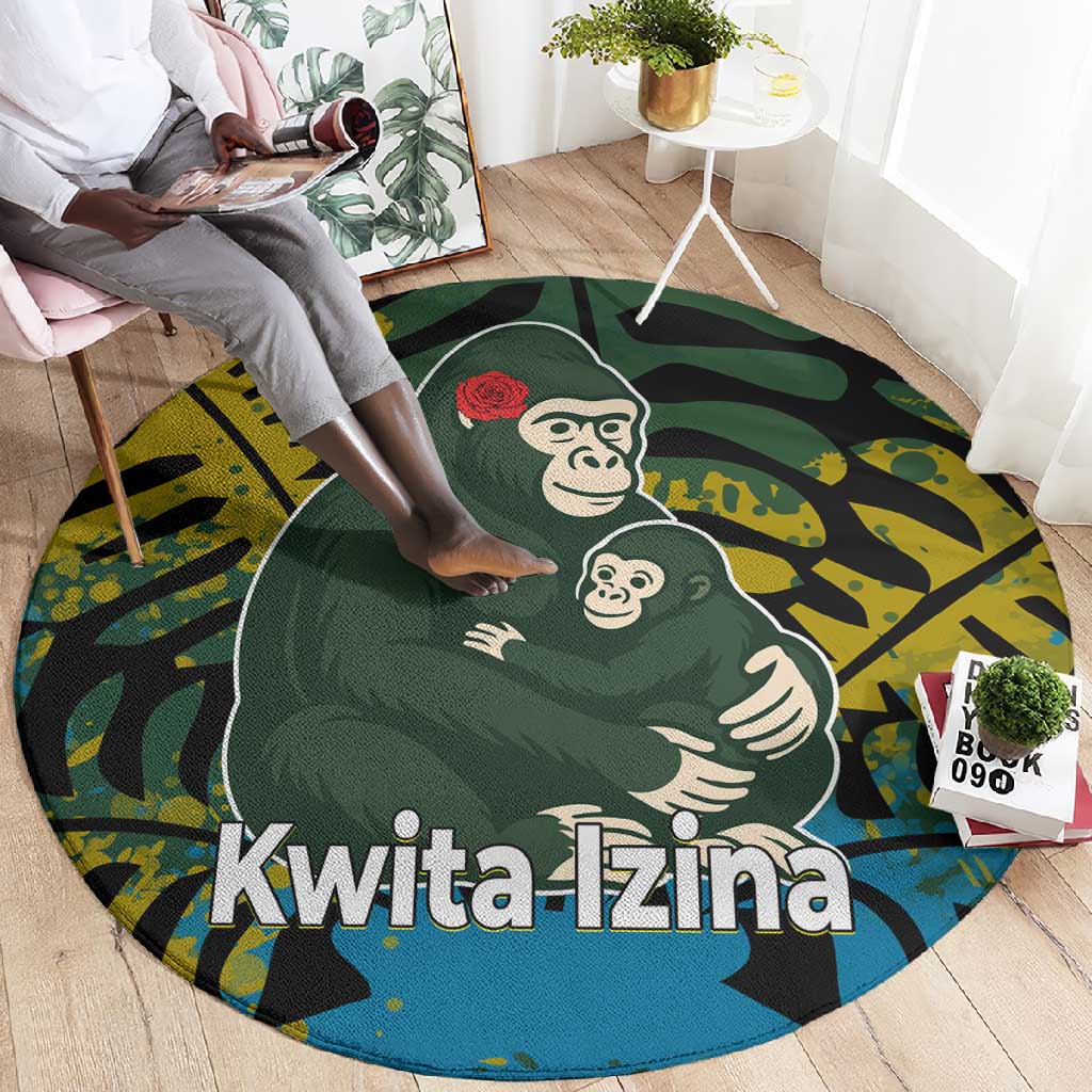 Rwanda Round Carpet with Gorilla Family Kwita Izina Leaf Jungle Spirit TS04