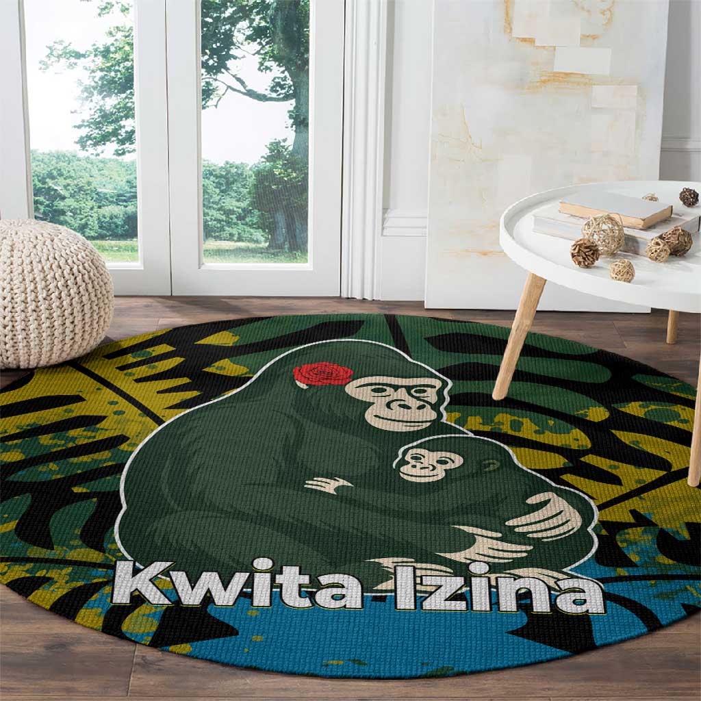 Rwanda Round Carpet with Gorilla Family Kwita Izina Leaf Jungle Spirit TS04