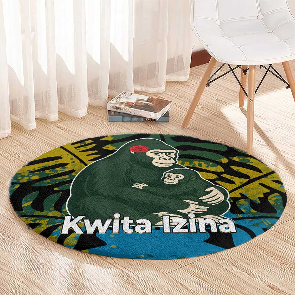 Rwanda Round Carpet with Gorilla Family Kwita Izina Leaf Jungle Spirit TS04