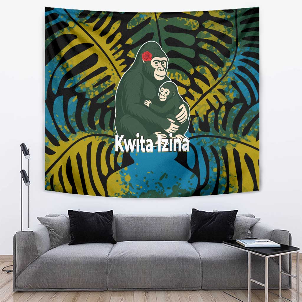 Rwanda Tapestry with Gorilla Family Kwita Izina Leaf Jungle Spirit TS04
